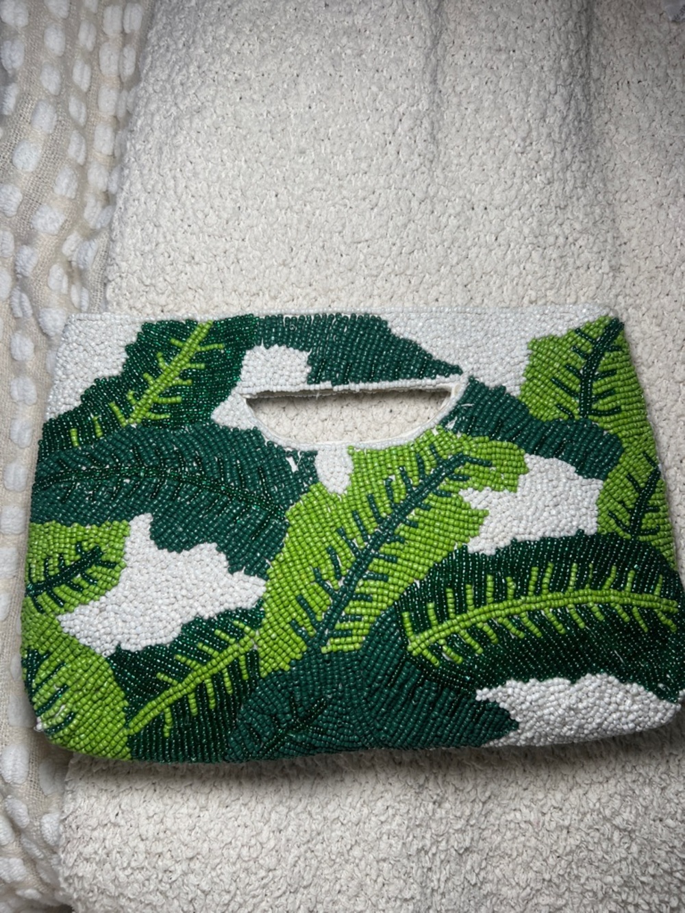 Beaded Tropical Leaf Handbag Clutch in Green and White